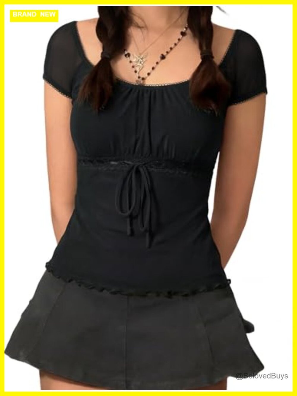 Y2K Mesh Babydoll Top Stretchy Short Sleeve Lace Trim Coquette Shirt